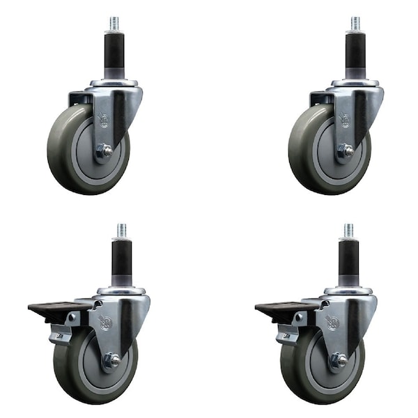 4'' Gray Poly Wheel Swivel 1-1/8'' Expanding Stem Caster Set 2 Brakes, 4PK